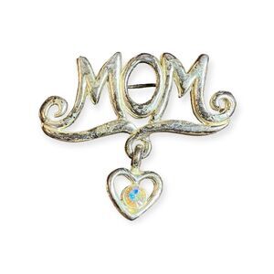 Vintage Silver Tone MOM Brooch Pin with Dangle Aurora Borealis Rhinestone Heart
